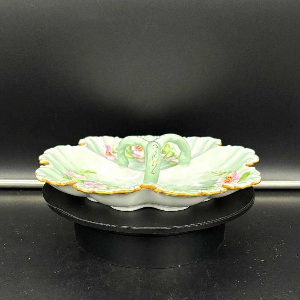 Vintage Art Nouveau Green Pink Floral Porcelain Divided Serving Dish Candy Nuts - Picture 5 of 6